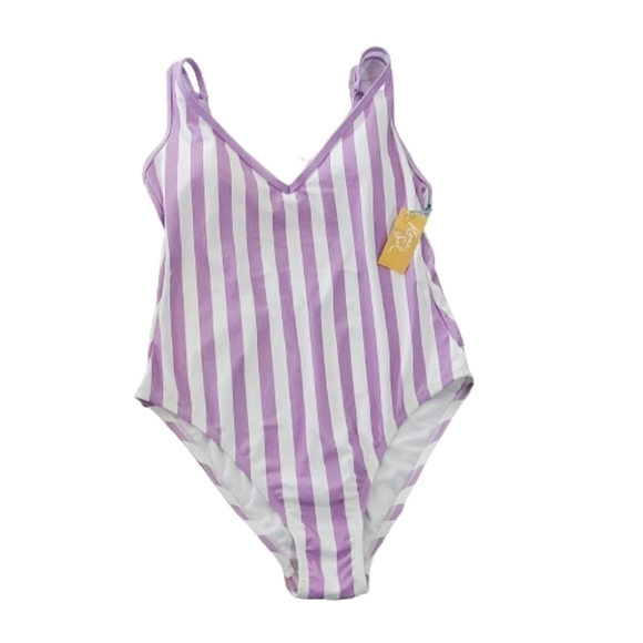 New Kona Sol Purple Striped V-neck One Piece High Leg Swimsuit Size Large  B - Picture 1 of 7